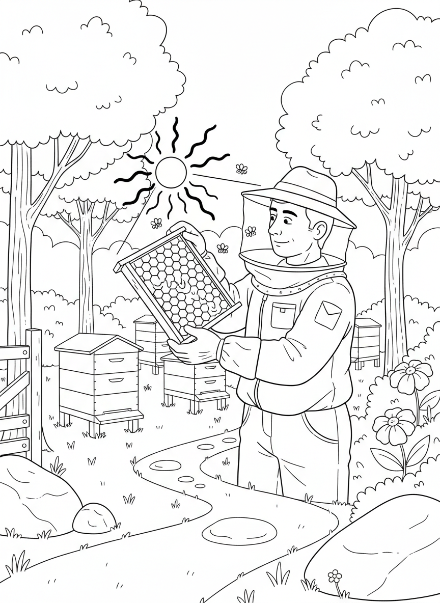 A beekeeper holding up a frame to sunlight inspecting the honey, detailed scene for older children.