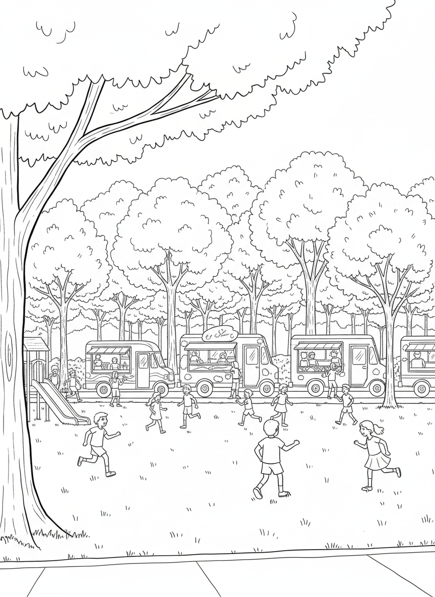 Children playing on the lawn at Klyde Warren Park with food trucks and trees in the background, fun outdoor scene line art