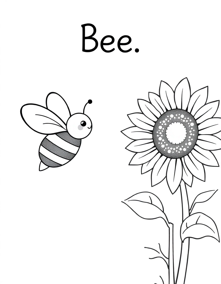 A busy bee flying towards a blooming sunflower, depicted in a playful, friendly style. it's written "Bee" near top of page and nothing more is written