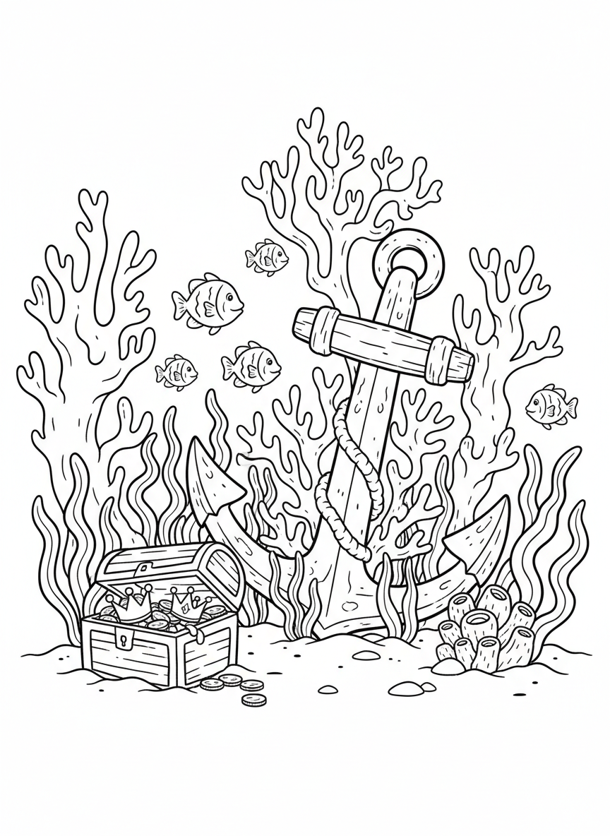 An underwater treasure scene with an old anchor covered in coral, fish swimming through, and sea plants growing around it