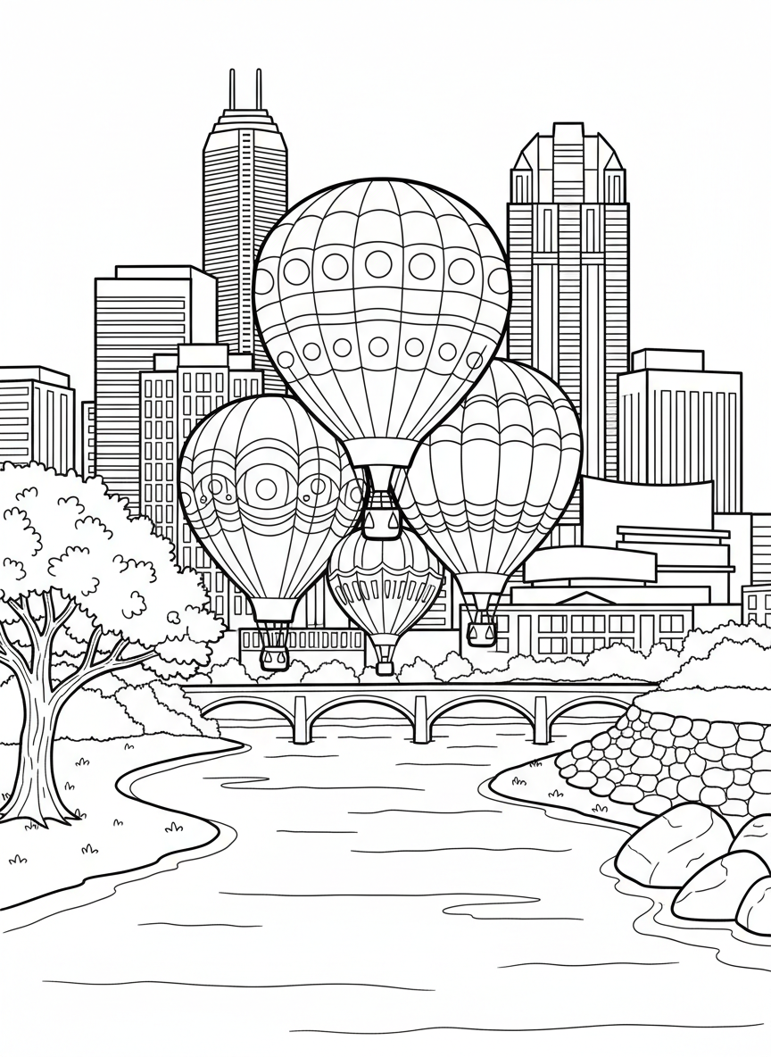 Colorful hot air balloons floating over the Fort Worth skyline with recognizable buildings and the Trinity River below