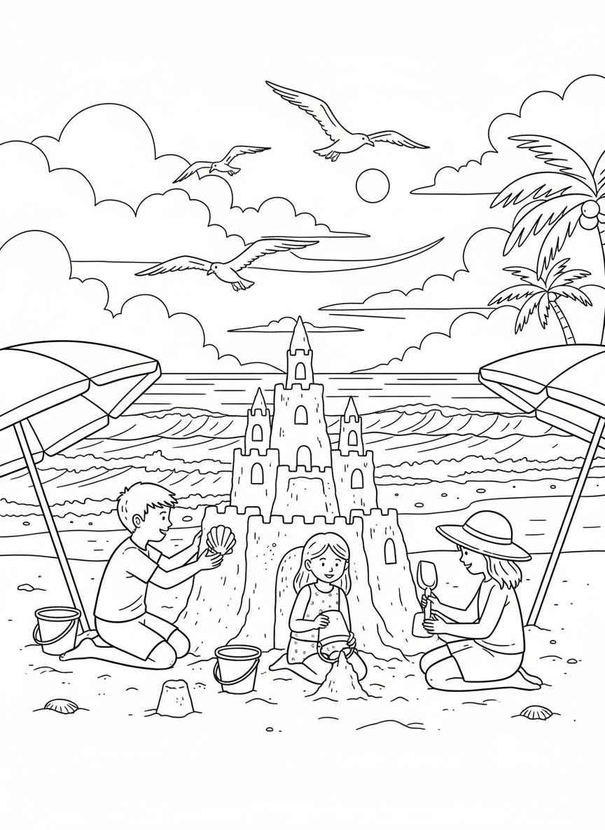 Children building a sandcastle on Jacksonville Beach with seagulls flying overhead and beach umbrellas nearby