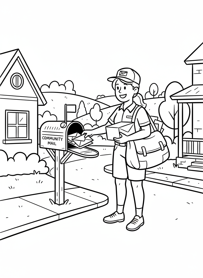 A smiling mail carrier delivering letters and packages to a neighborhood mailbox, showing community helpers we appreciate.