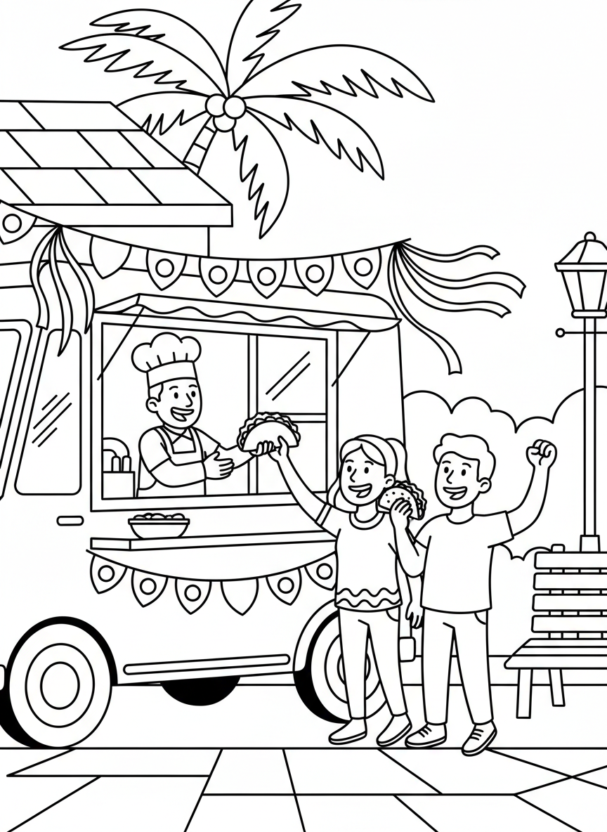 A cheerful taco truck with a large serving window, decorated with festive banners and a smiling vendor handing tacos to happy customers.