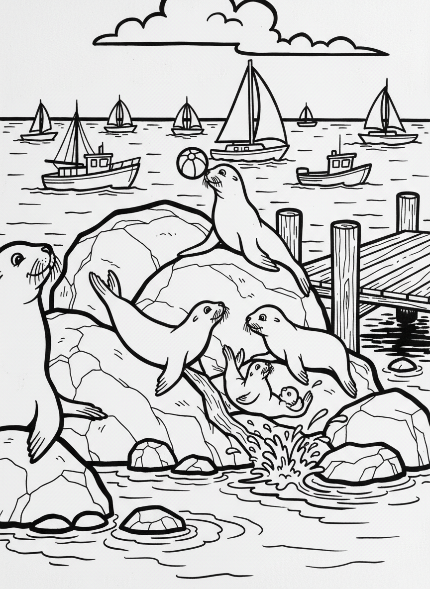 A family of sea lions playing on rocks near the pier with the bay and boats behind them, playful animal scene.
