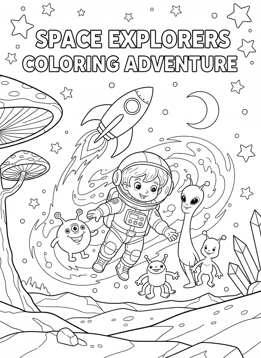 Space explorers coloring book cover, full-color illustration with a kid astronaut, friendly aliens, and a cartoon rocket against a starry sky. Title-safe area at top.