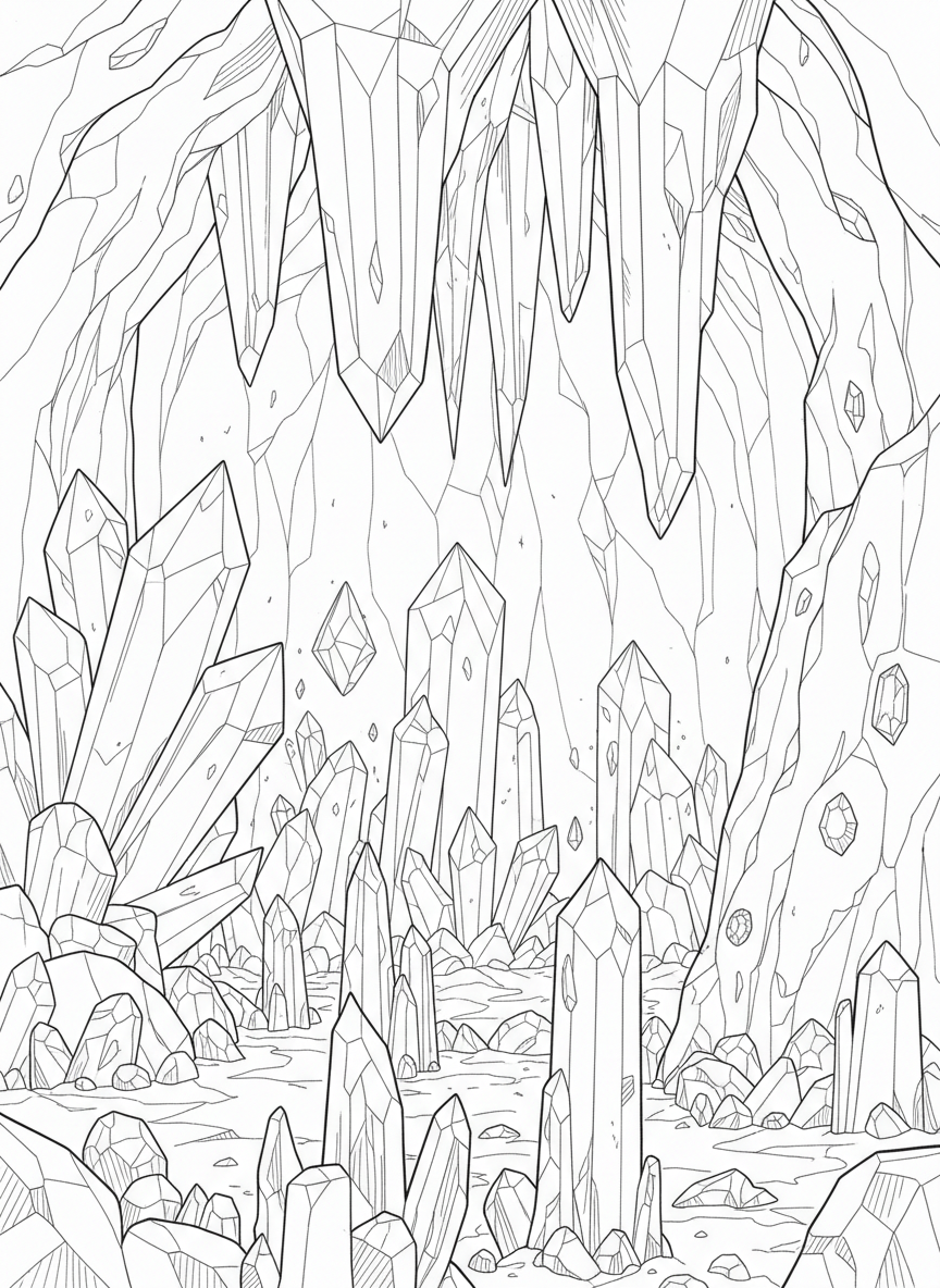 A crystal-filled cave interior with stalactites hanging from the ceiling and stalagmites rising from the floor, sparkling gems embedded in the walls.