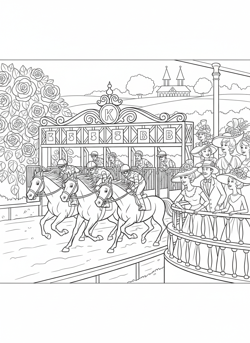 Kentucky Derby coloring page prompts capturing elegance, horse racing tradition, spring fashion, and historic pageantry.	The Kentucky Derby starting gate just before the race, powerful horses shifting nervously as the crowd watches in elegant spring attire.