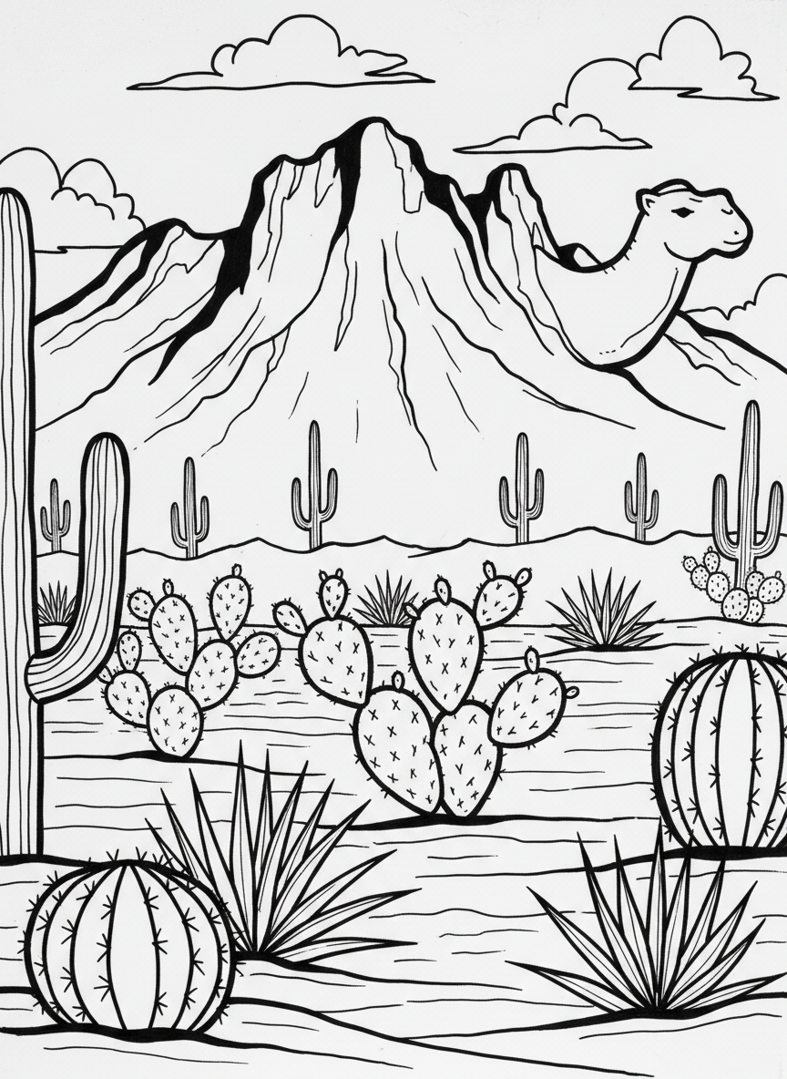 Camelback Mountain silhouette with desert plants in the foreground, including barrel cacti and prickly pear, simple line art composition