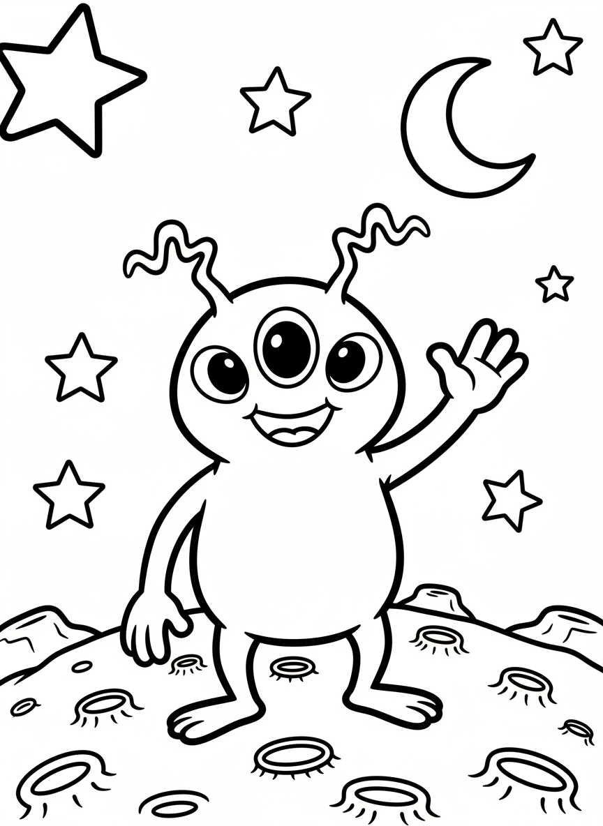 A smiling alien with three eyes and two wiggly antennas waving hello, standing on a moon surface with craters and stars in the background
