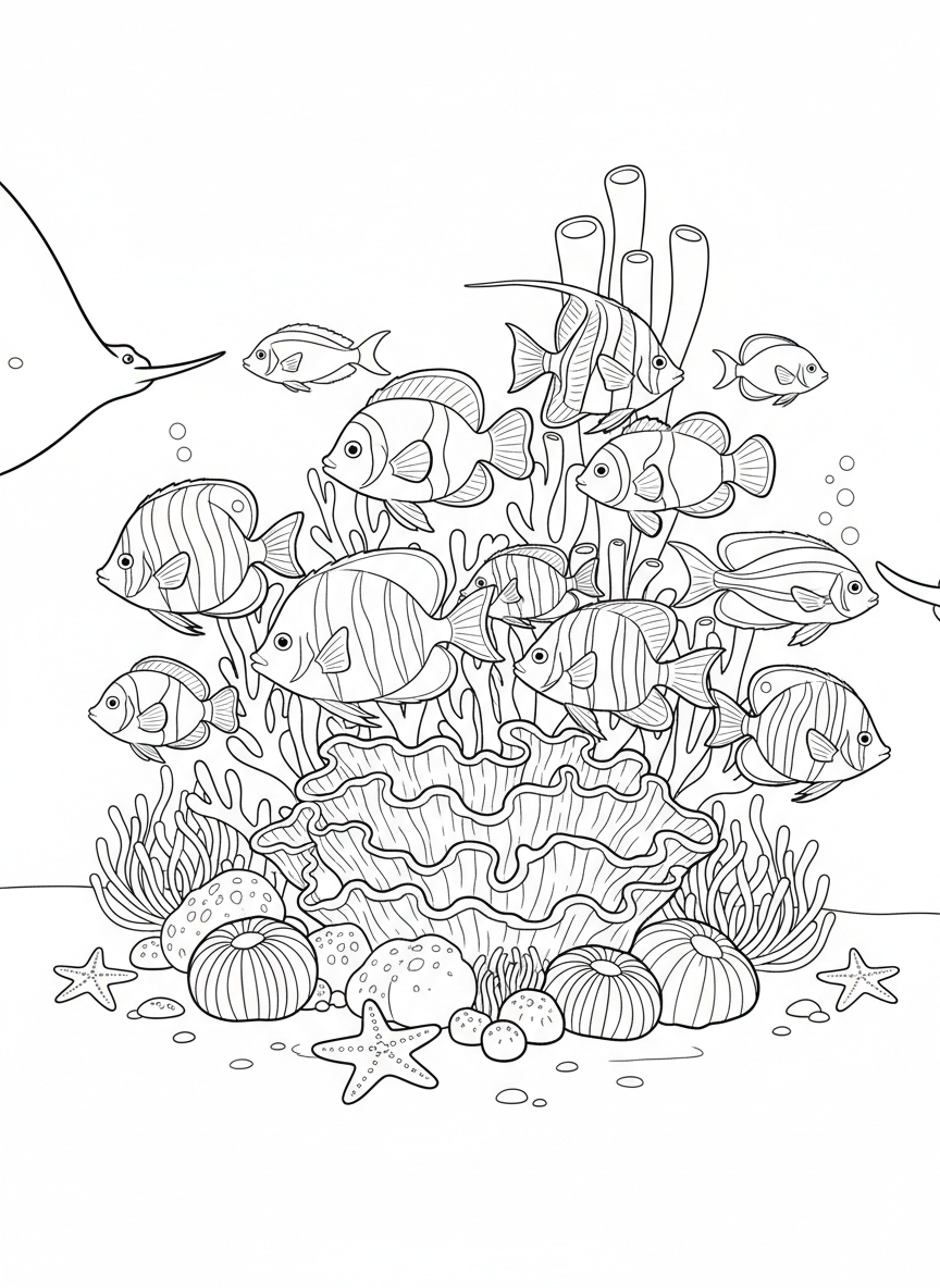 A group of tropical fish swimming together near a coral formation, with sea anemones and starfish on the ocean floor.