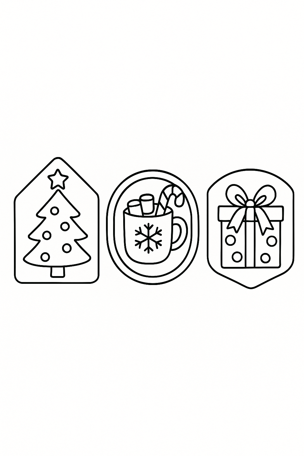 Farmhouse-style holiday labels: ‘Merry Christmas,’ ‘Warm Wishes,’ ‘Holiday Treats,’ each inside simple badge shapes