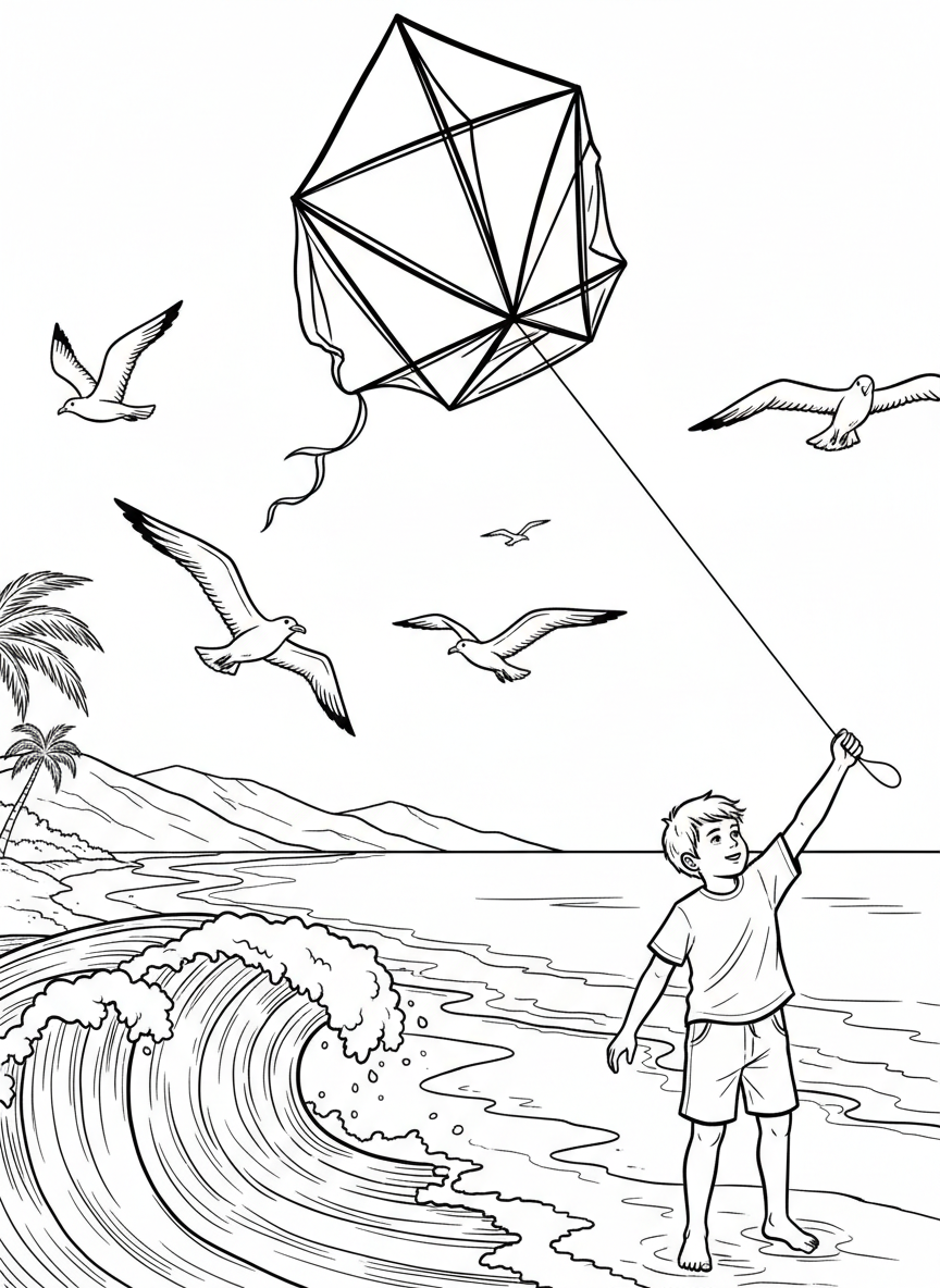A child holding the string of a box kite on a beach, with seagulls flying and waves in the background, simple line art composition.