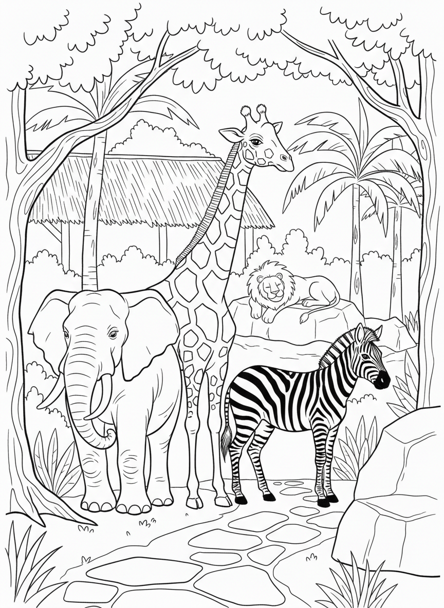 Zoo animals including a giraffe, elephant, and zebra grouped together in a fun Jacksonville Zoo scene, simple outlines