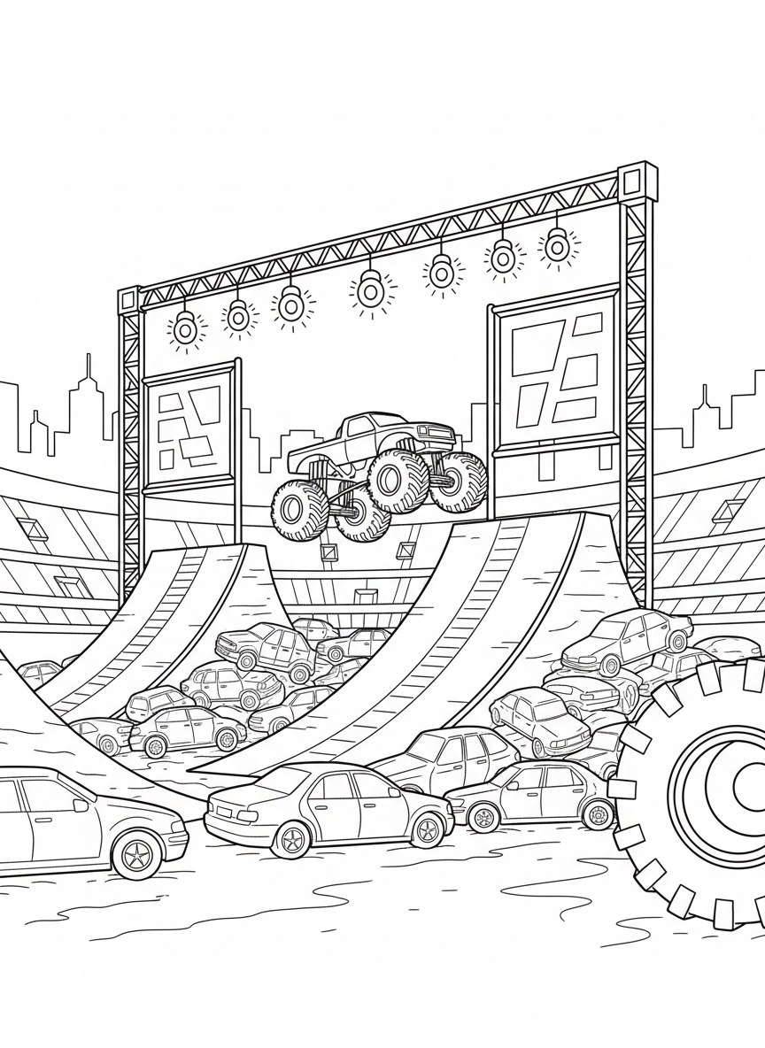 A monster truck arena filled with crushed cars, giant ramps, banners, and bright lights surrounding the competition area.