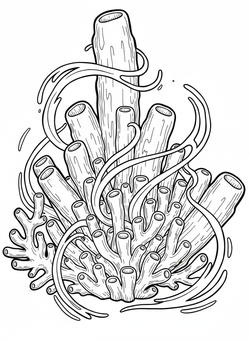 Tube sponges and pipe coral growing together in a cluster, with wavy ocean current lines around them.