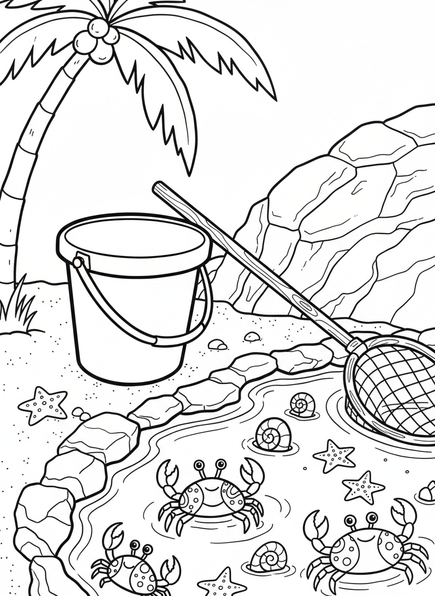 A child's bucket and net beside a tide pool filled with friendly sea creatures like small crabs and snails