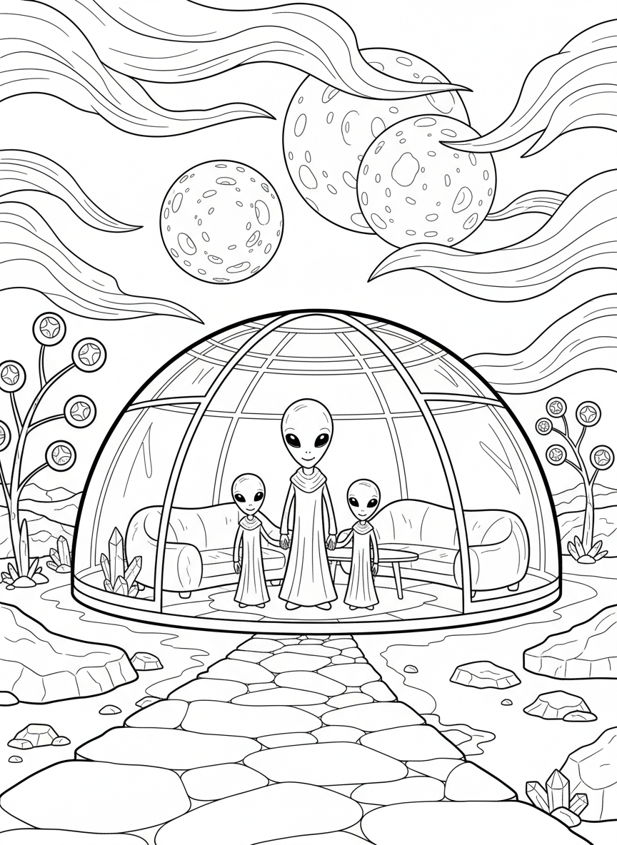 A friendly alien family standing in front of their dome home on a distant planet with two moons in the sky.