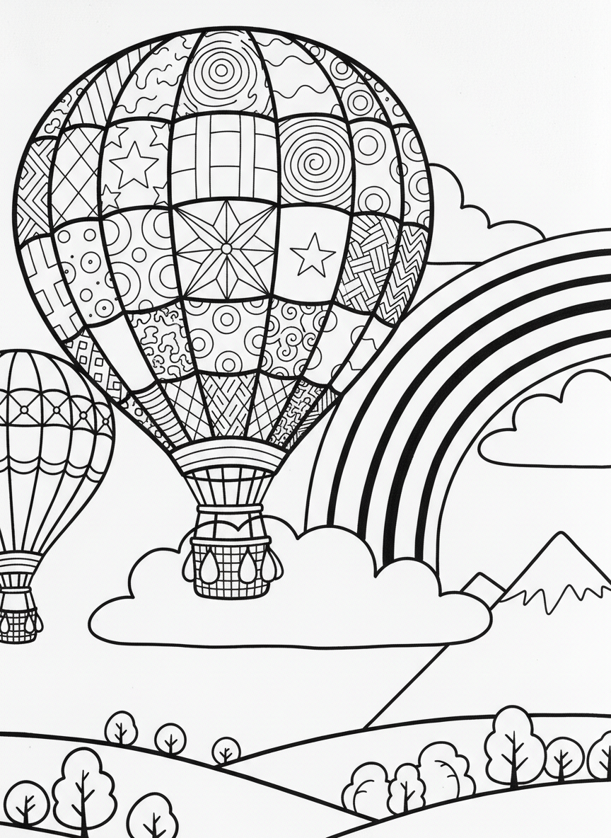 A hot air balloon with patchwork quilt patterns in each section, floating beside a rainbow.