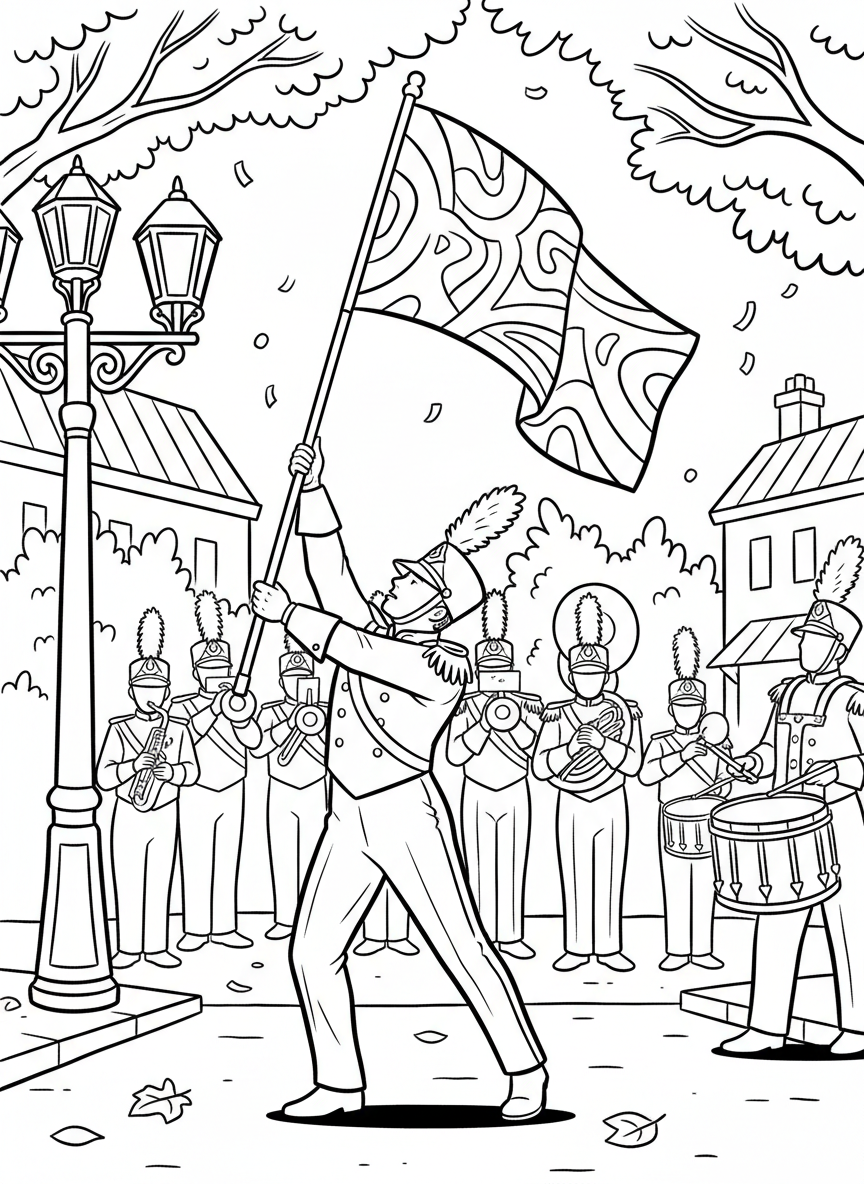 A color guard member tossing a flag high in the air during a parade performance, captured mid-throw.