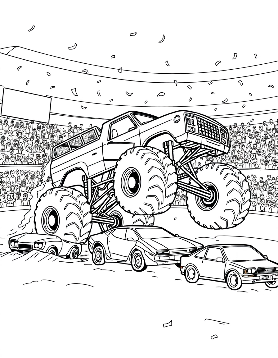 A monster truck jumping over a row of crushed cars in a dirt stadium, cheering crowd in the background, confetti falling