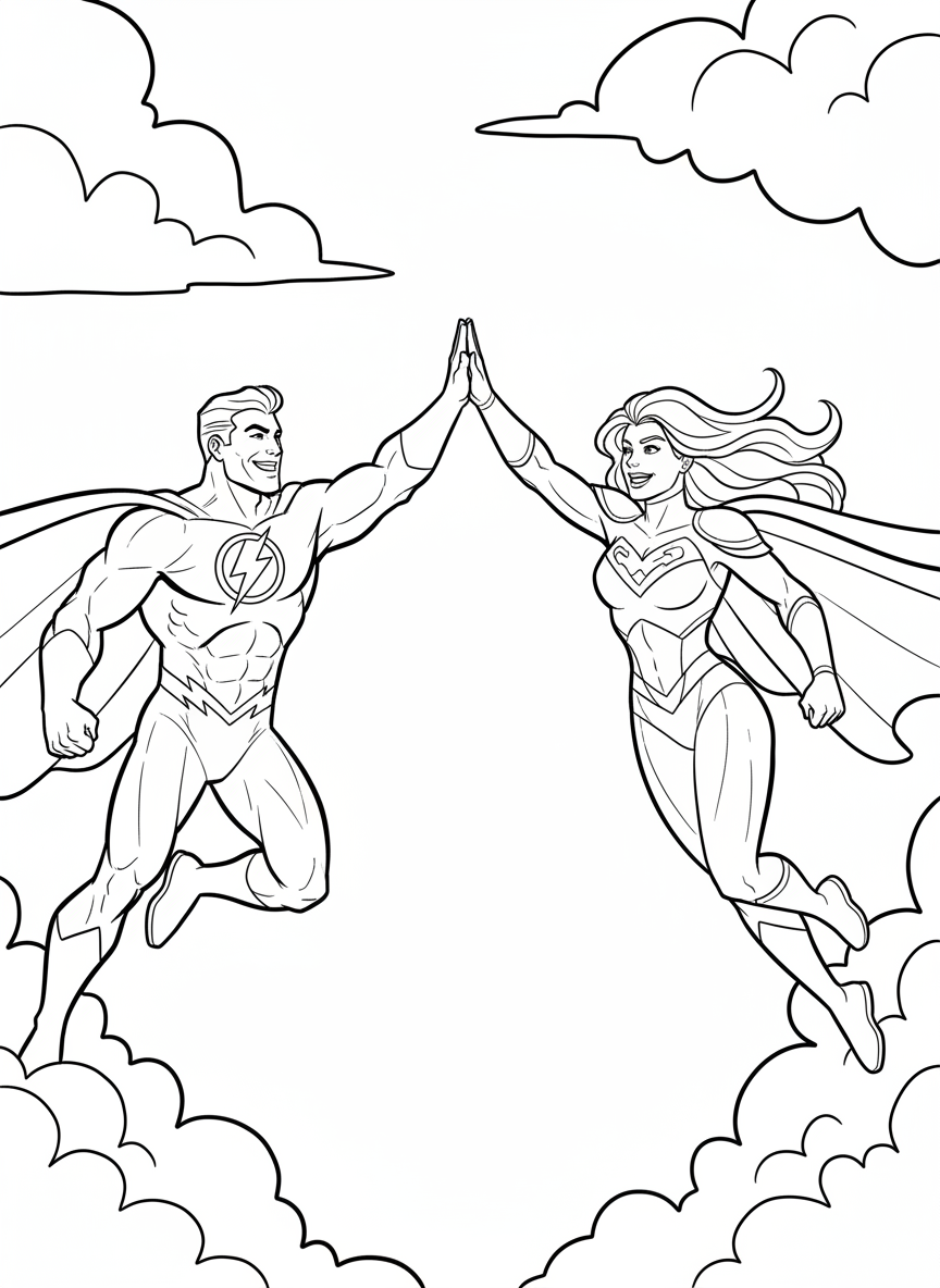 A superhero duo doing a high-five mid-air while flying, both smiling, clouds around them