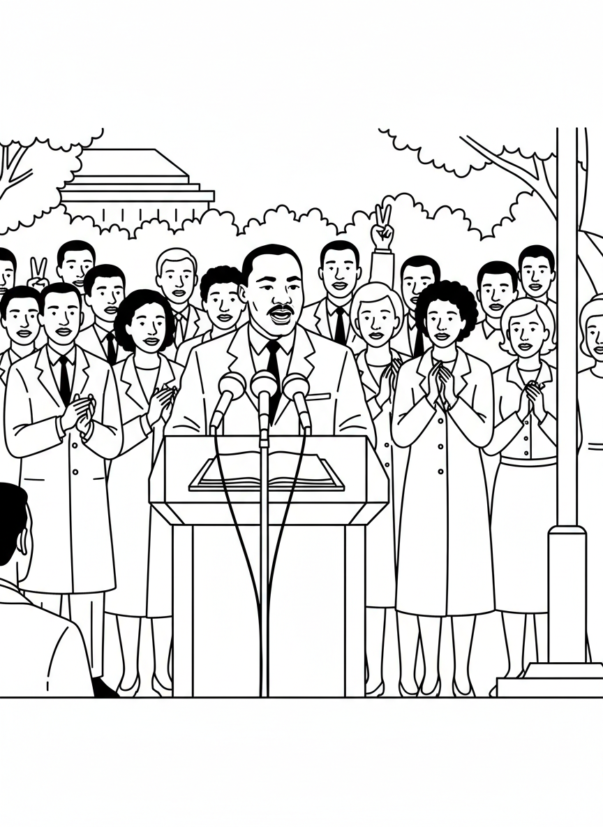 Martin Luther King Jr. giving a speech at a podium with microphones, crowd of diverse people listening peacefully in the background