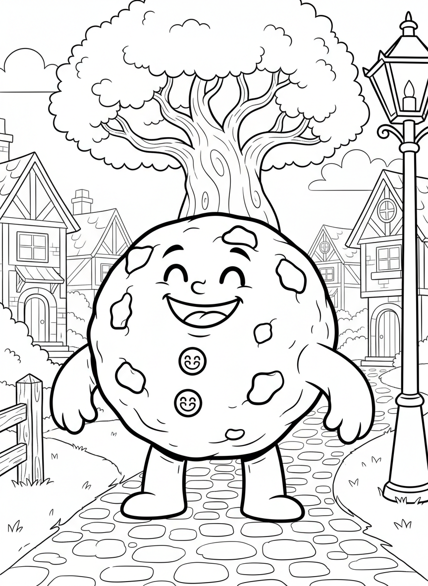 A smiling cookie character with chocolate chips for buttons, standing upright with arms outstretched.