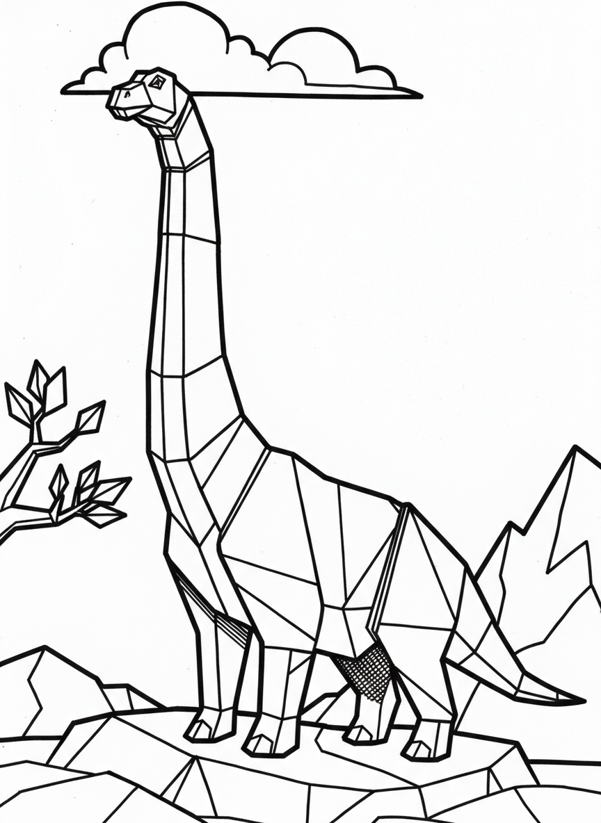 A long-necked origami Brachiosaurus made of folded paper segments, standing peacefully with geometric patterns showing the fold lines throughout its body.