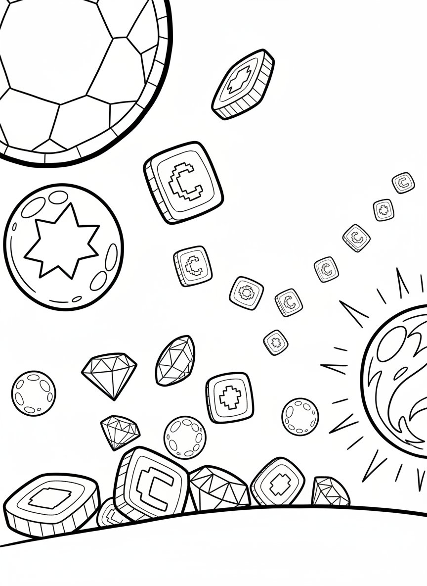 A scene showing multiple floating pixel coins, diamonds, and point bubbles scattered across the page in various sizes.