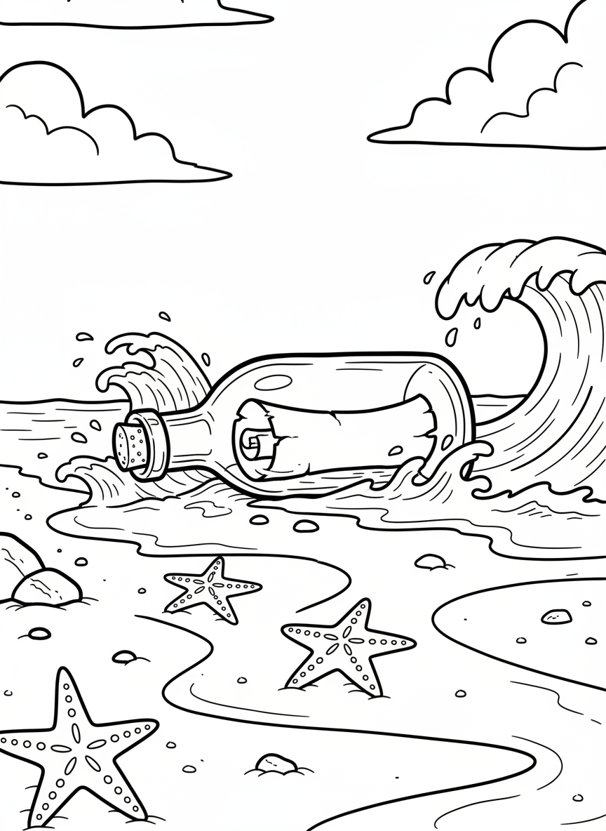 A message in a bottle washed up on shore with a rolled parchment inside, surrounded by sand, starfish, and small waves