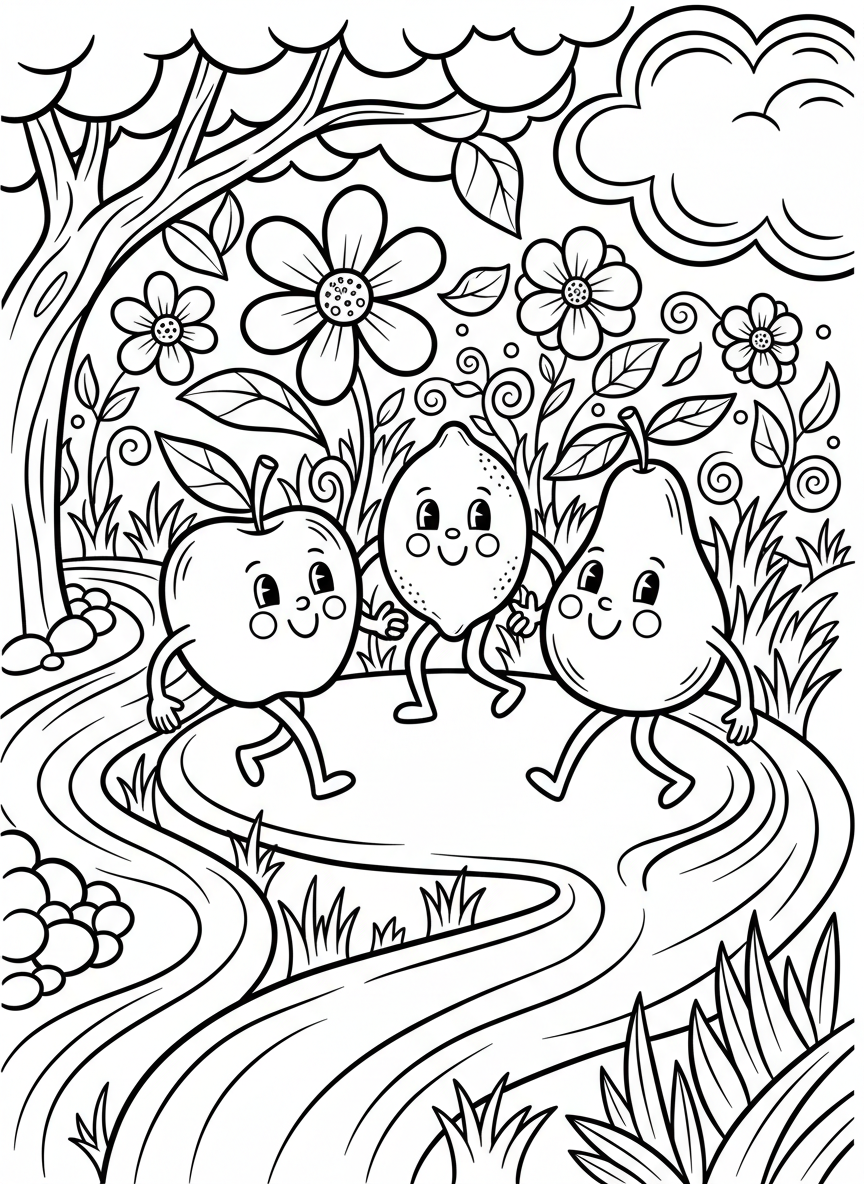 Dancing fruit friends holding hands: an apple, lemon, and pear with happy faces in a circle