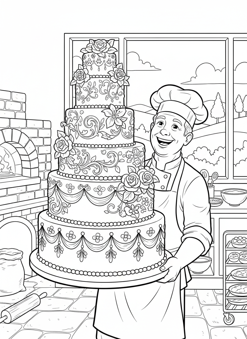 A smiling baker holding a giant wedding cake with multiple tiers and flower decorations