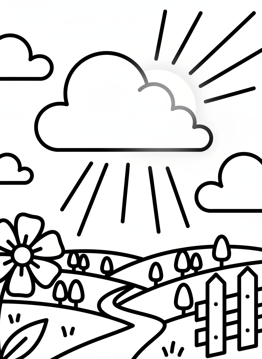 A rain cloud with a silver lining and sun peeking out behind it, hopeful weather scene
