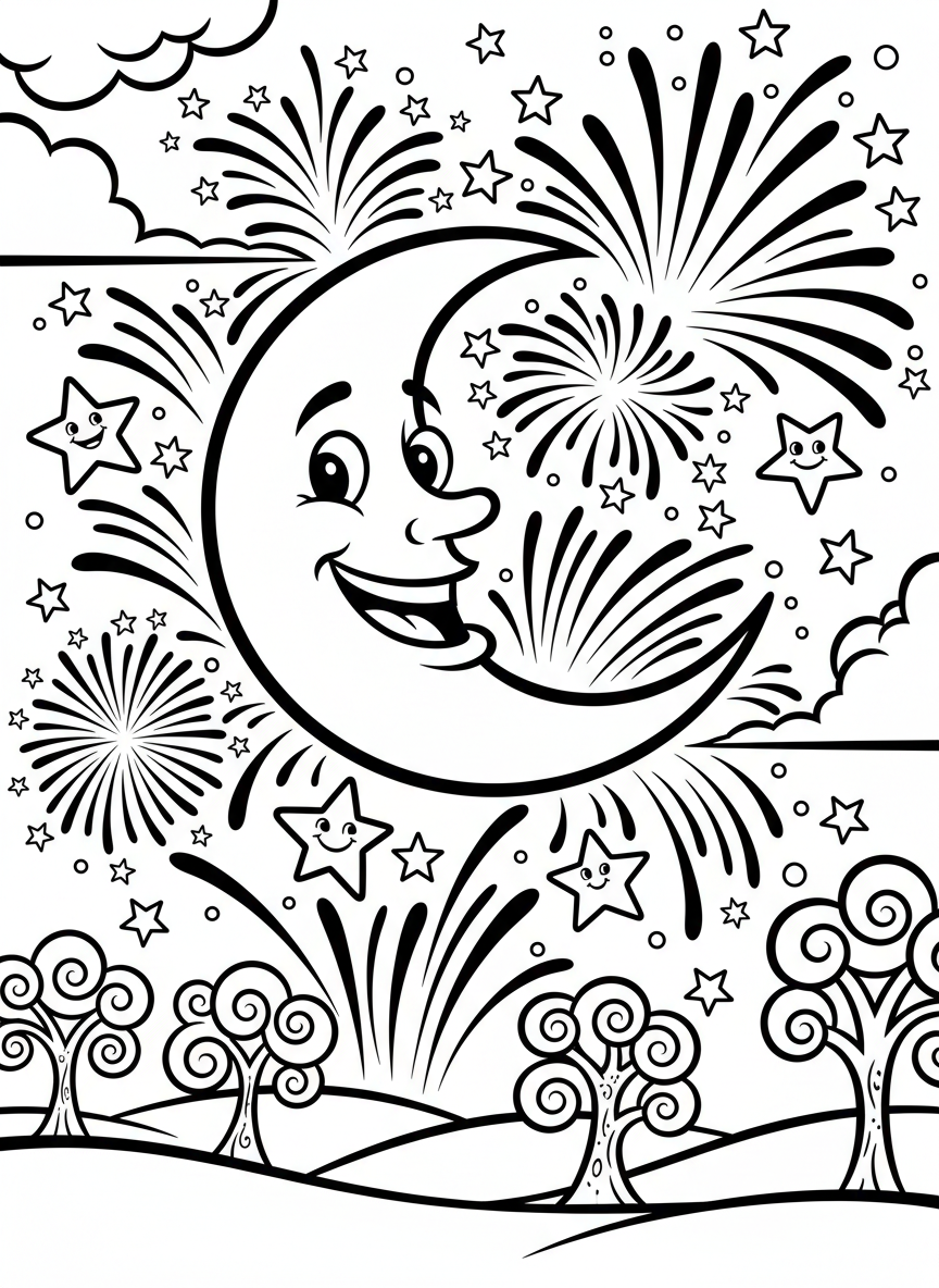 A smiling moon and stars watching fireworks light up the sky, whimsical and simple design