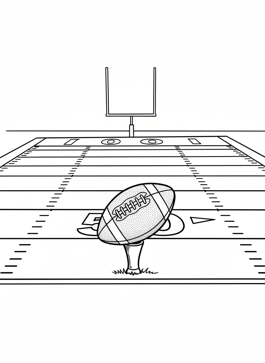A football sitting on a kicking tee at the center of an empty field with yard lines and goalposts visible in the distance.