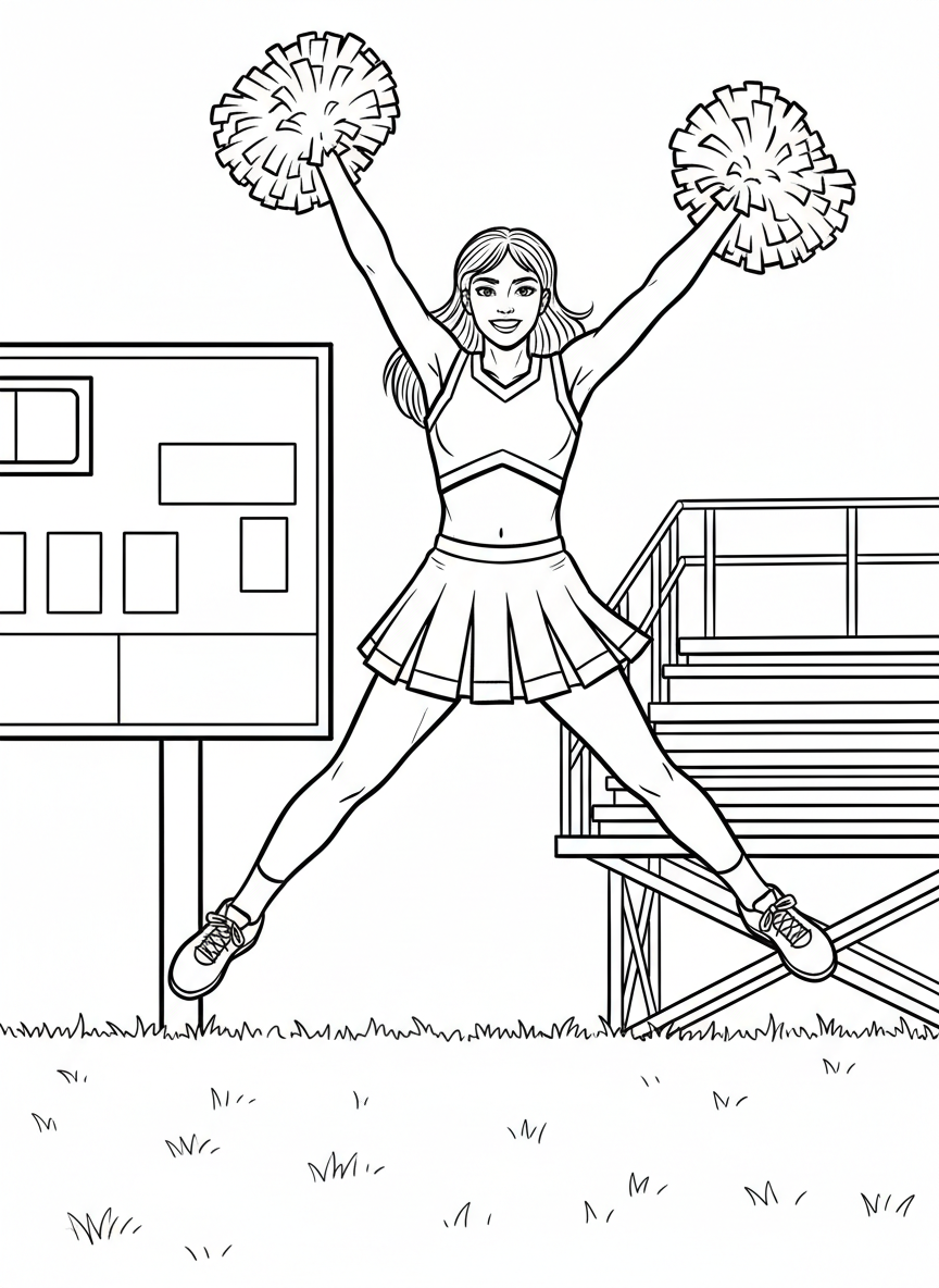 A cheerleader with pom-poms jumping enthusiastically on the sidelines, with a scoreboard and bleachers visible behind her.