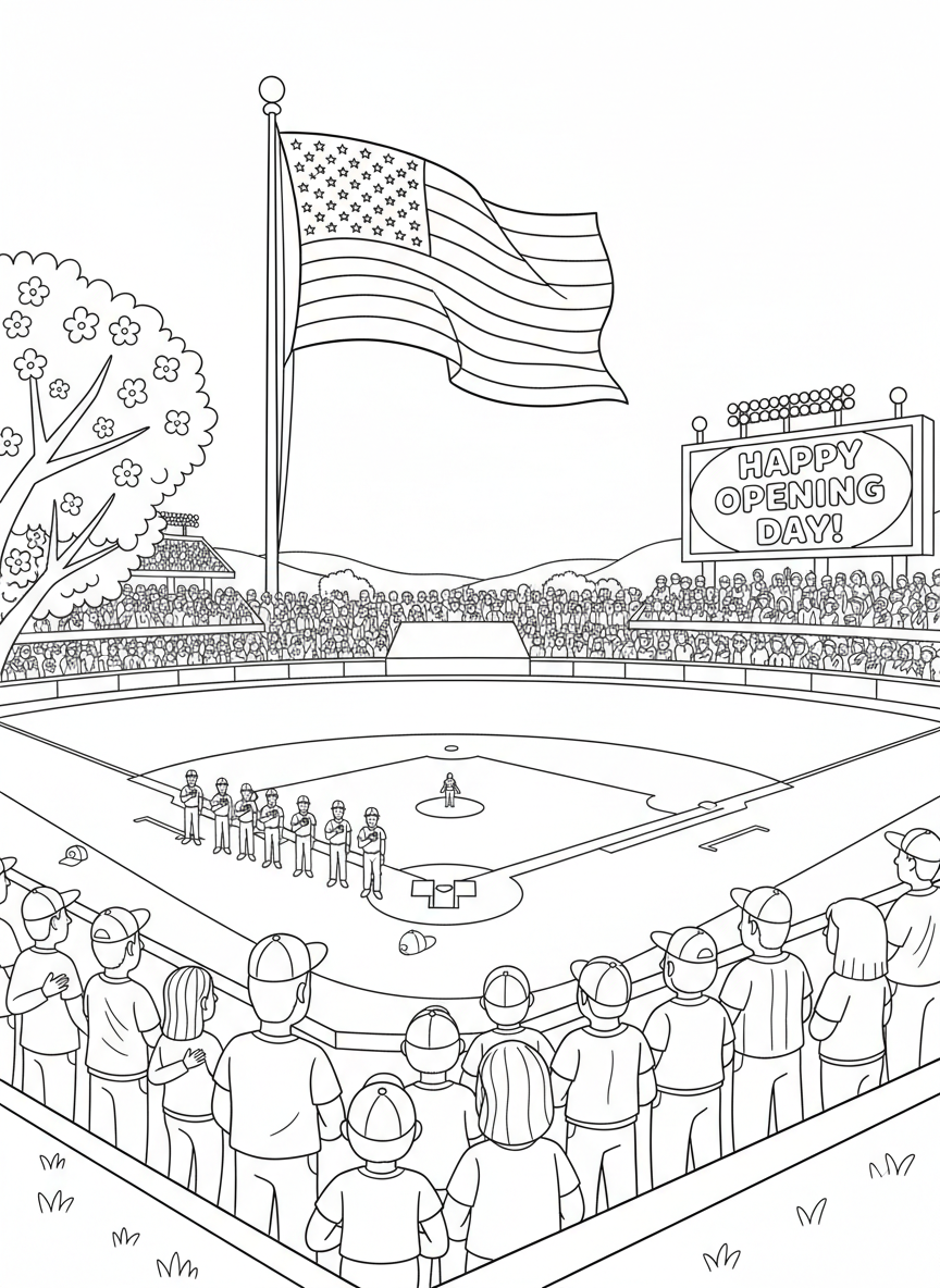 Baseball Opening Day coloring page prompts celebrating fresh starts, spring optimism, and the return of the game.	A wide view of the field during the national anthem, flags waving gently in the breeze.
