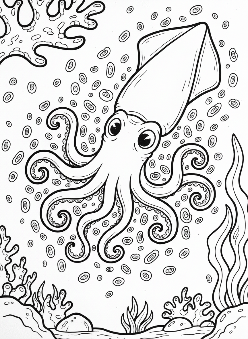 A playful squid with large eyes and eight curly tentacles, surrounded by tiny glowing plankton particles creating a magical underwater scene.