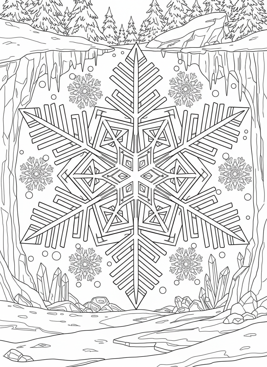 A detailed snowflake pattern with intricate geometric designs and symmetrical branches, perfect for older kids
