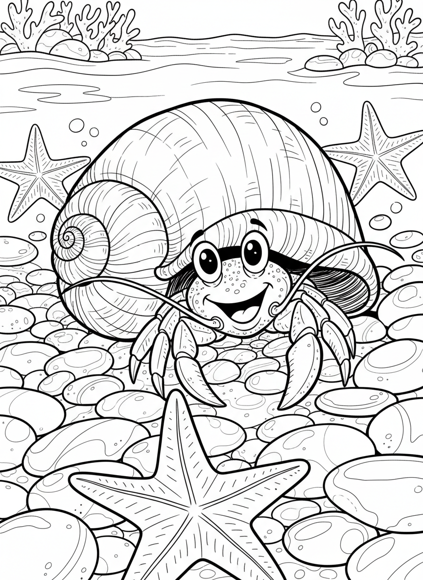 A cheerful hermit crab peeking out from a large spiral seashell, surrounded by small pebbles and starfish in a tide pool.
