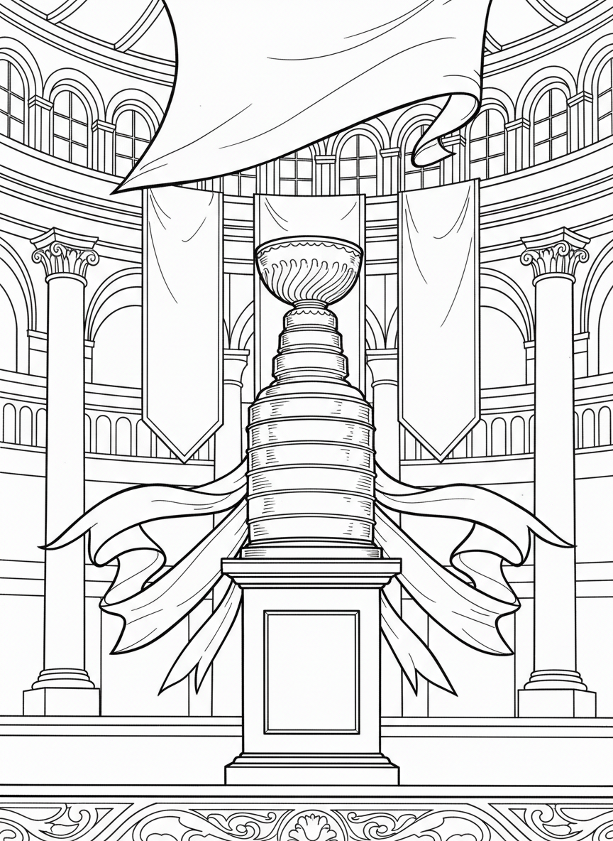 The Stanley Cup trophy on a pedestal with ribbons and banners, shown in detailed line-art with its distinctive bowl shape and tiered base.
