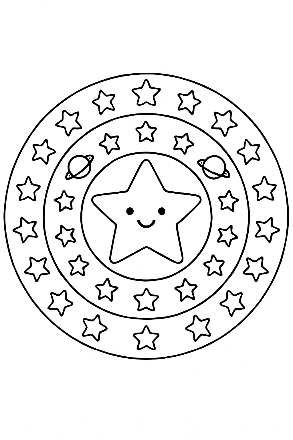 simple mandala: Star Burst: A central smiling star surrounded by rings of smaller stars and planets in a circular pattern.