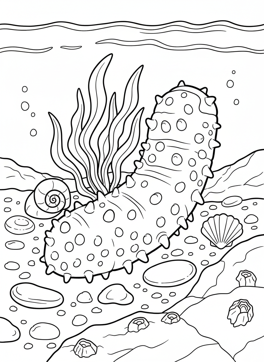 A sea cucumber resting on the ocean floor among scattered shells, sea glass, and small pebbles in a calm tide pool