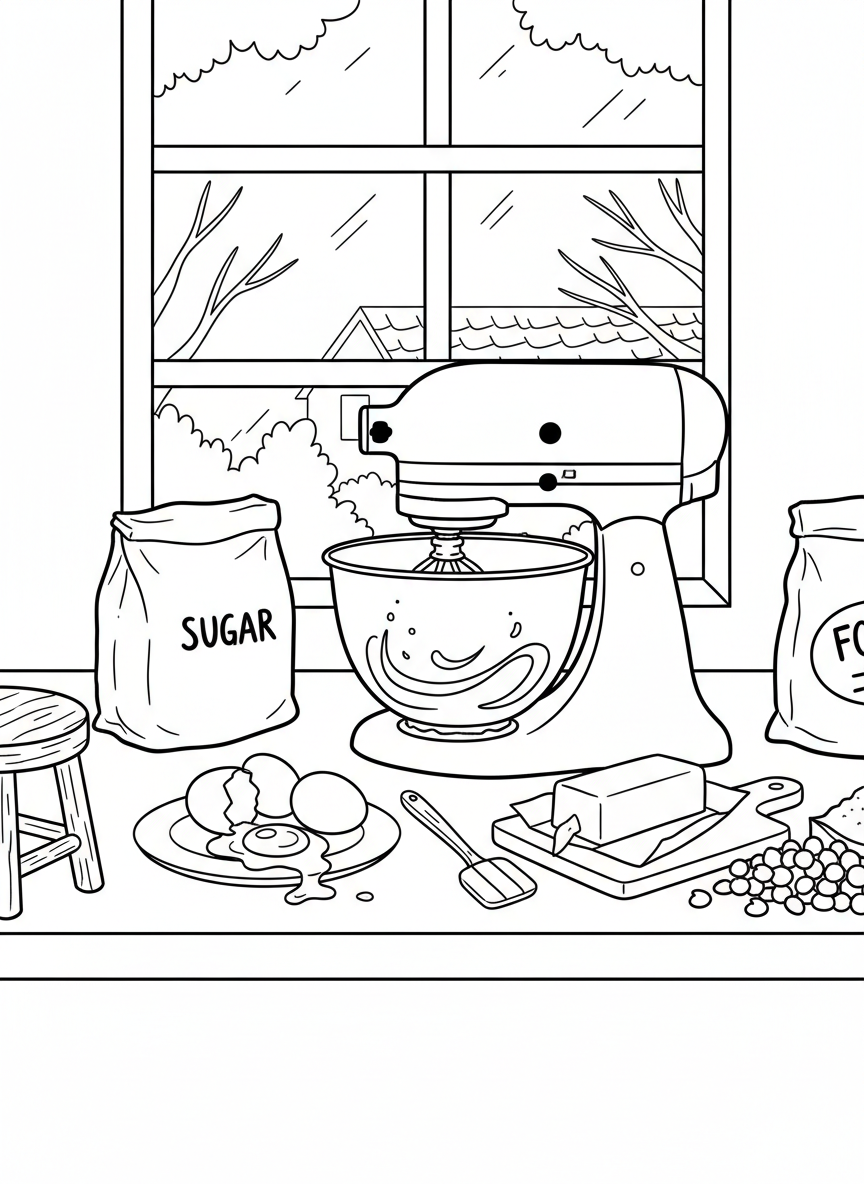 A mixing station with a large stand mixer, eggs, butter, sugar, and chocolate chips ready for baking
