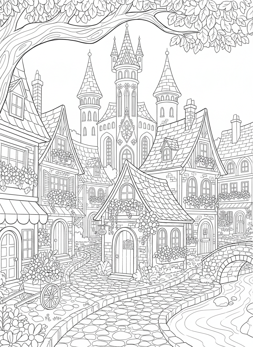 A fairy tale village with cobblestone streets, tiny shops, flower boxes in windows, and castle towers visible in the distance.