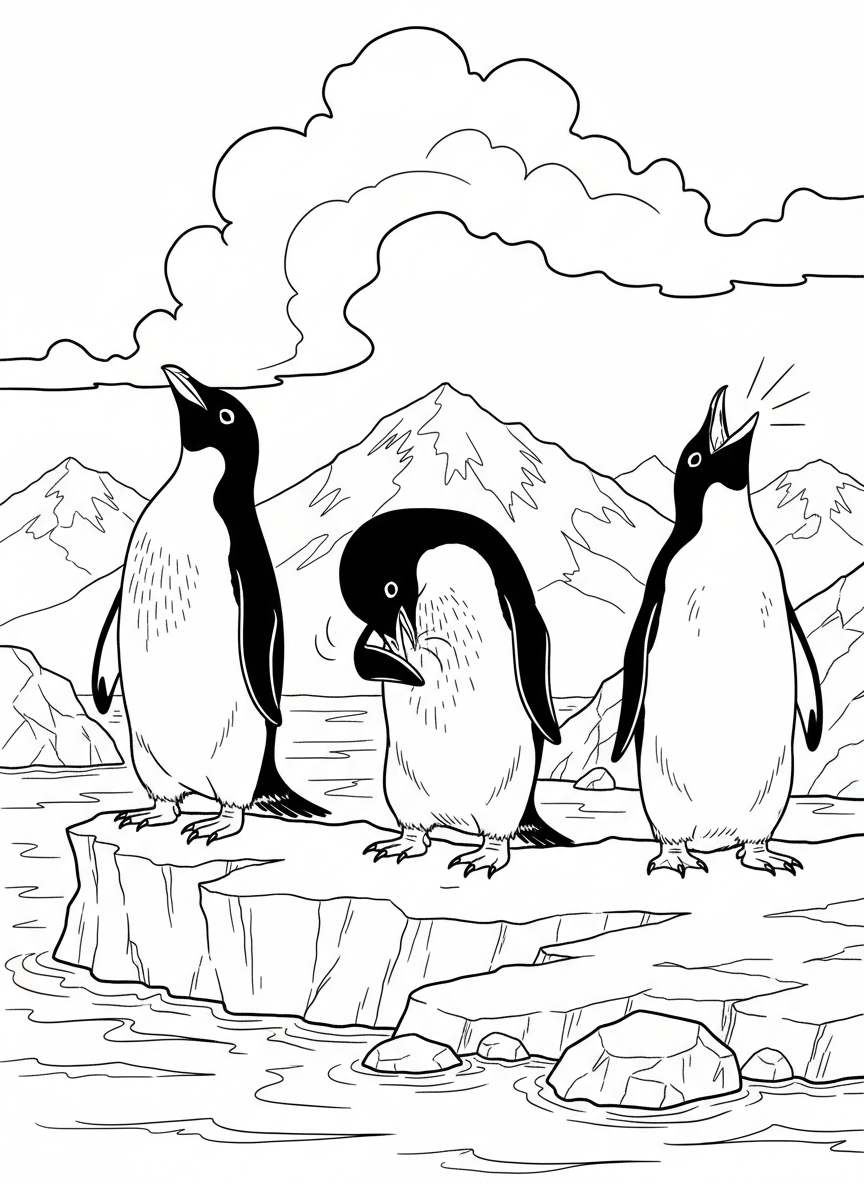 Three penguins standing in a row doing different activities: one looking up, one preening feathers, one calling out.