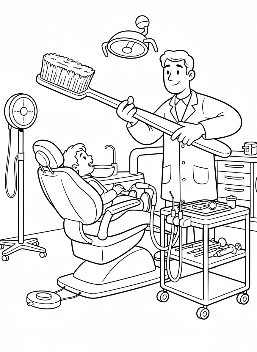 A dentist showing a large toothbrush to a child sitting in a dental chair, with dental tools neatly organized nearby.