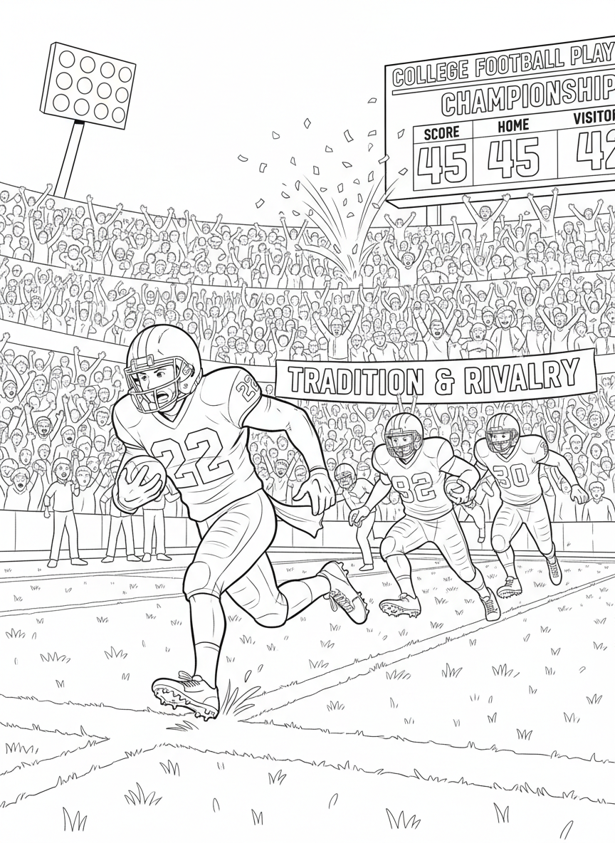 College Football Playoff coloring page prompts capturing tradition, rivalry, pageantry, and high-stakes championship football moments.	A long touchdown run breaking free along the sideline, defenders trailing helplessly as the runner keeps balance near the stripe and the crowd erupts.