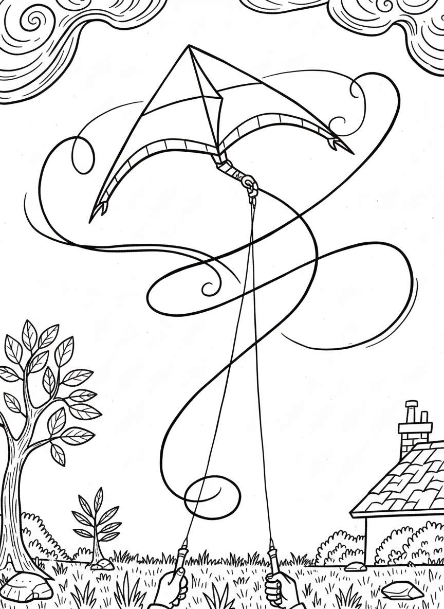 A stunt kite with two control lines and a triangular shape, performing loops in the sky with motion lines showing its path.
